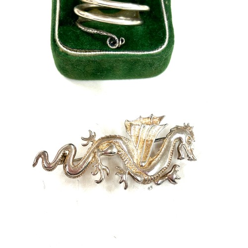 529 - Vintage silver dragon brooch and a snake ring