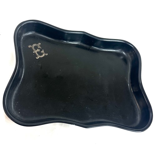 414 - Vintage silver embossed initial E black lacquered tray