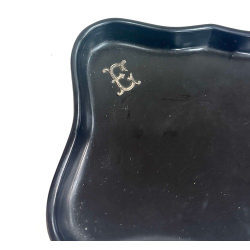 414 - Vintage silver embossed initial E black lacquered tray