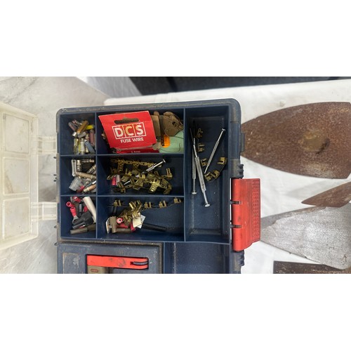 178 - Tool box with contents, sockets, building tools, trowels etc