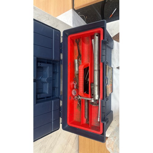 178 - Tool box with contents, sockets, building tools, trowels etc