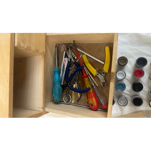 181 - Wooden storage box with model kits accessories, paints, brushes, pilers etc