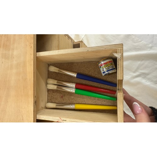 181 - Wooden storage box with model kits accessories, paints, brushes, pilers etc