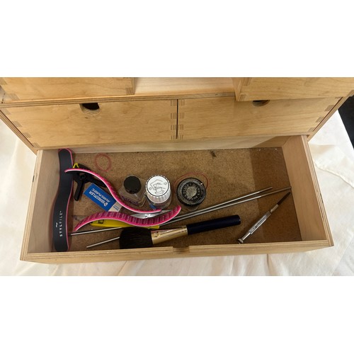 181 - Wooden storage box with model kits accessories, paints, brushes, pilers etc