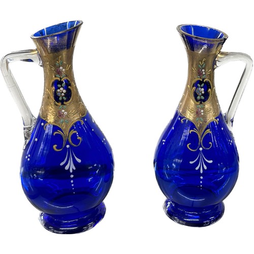 3 - Pair of early hand painted Bohemian blue glass vases overall height approximately 7 inches, as found