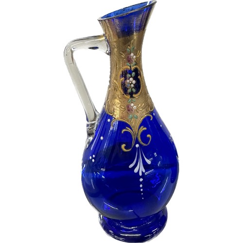 3 - Pair of early hand painted Bohemian blue glass vases overall height approximately 7 inches, as found