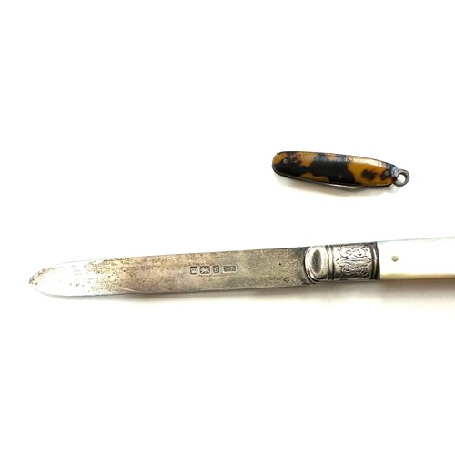 423 - 2 Vintage pocket knifes and a vintage letter opener one mother of pearl with a silver handle, one to... 