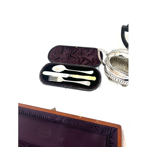 14 - Selection of silver plated items includes silver rimmed carving set etc