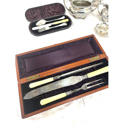 14 - Selection of silver plated items includes silver rimmed carving set etc