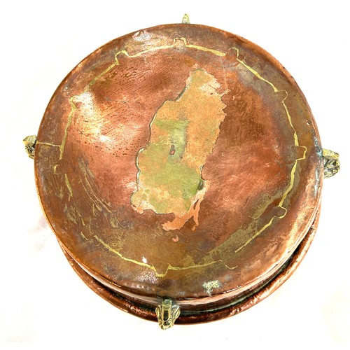 453 - Antique copper and brass pot with rams head detailing measures approximately 4.5 inches tall x 12 in... 