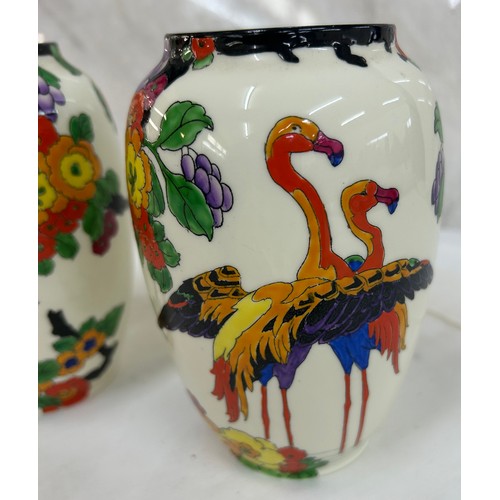 479 - Pair of Art Deco Royal Doulton Mandarin Ware Flamingo & Prunus Vases Robert Allen overall height app... 