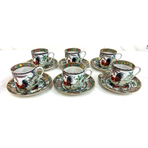 589 - Set of 6 Japanese Y.T hand painted coffee cup and saucer along with three oriental soup dishes and s... 