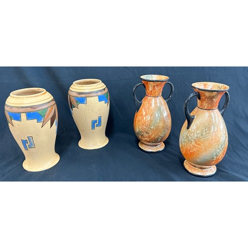 4 - Pair of vintage two handled glazed vases and a pair of vintage hand painted vases tallest measures a... 