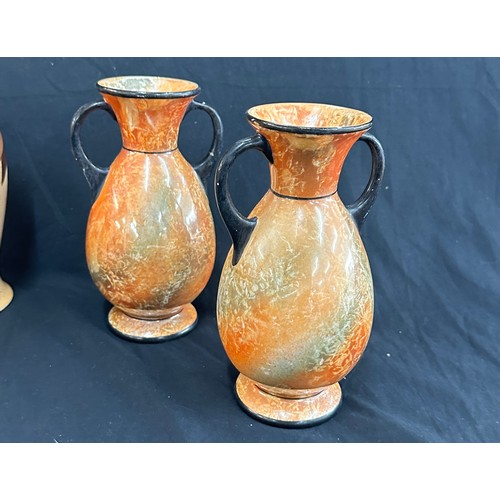 4 - Pair of vintage two handled glazed vases and a pair of vintage hand painted vases tallest measures a... 