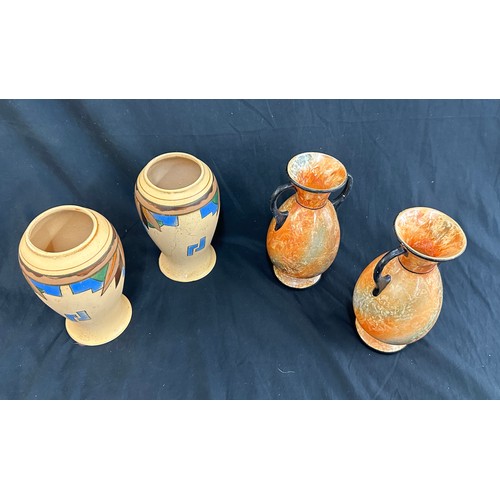 4 - Pair of vintage two handled glazed vases and a pair of vintage hand painted vases tallest measures a... 