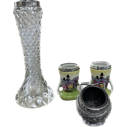 474 - Three hallmarked silver vases and a silver salt pot