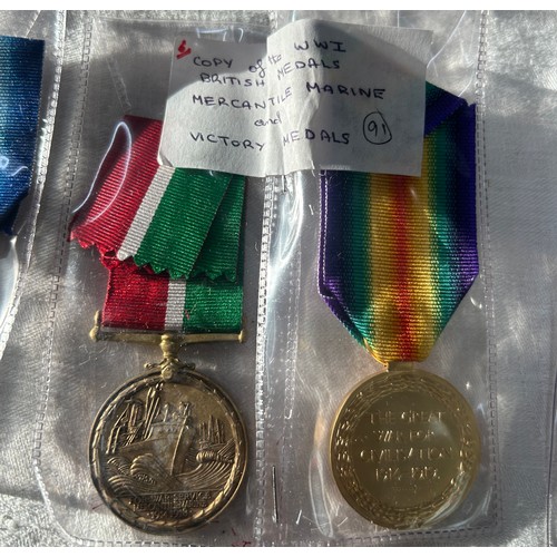 564 - 14 High Quality Copy Full Size medals.  5 Victory Medals, 5 1945-15 Stars, 1 Mercantile Marine and 3... 