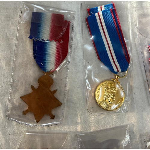 564 - 14 High Quality Copy Full Size medals.  5 Victory Medals, 5 1945-15 Stars, 1 Mercantile Marine and 3... 