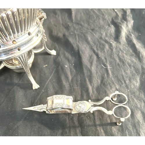 459 - Vintage silver plated spirit kettle and a pair of silver plated candle scissors