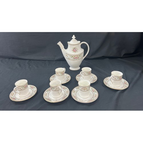 214 - Vintage 6 piece Royal Doulton Alton coffee set to include coffee pot, cups and saucers