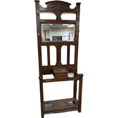 394 - Oak mirror fronted hall stand height approximately 78 inches tall