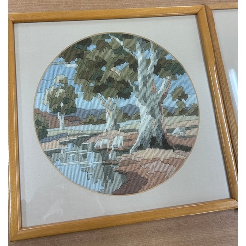 80 - Two vintage framed long stitch embroideries measures approximately 14.5 inches square