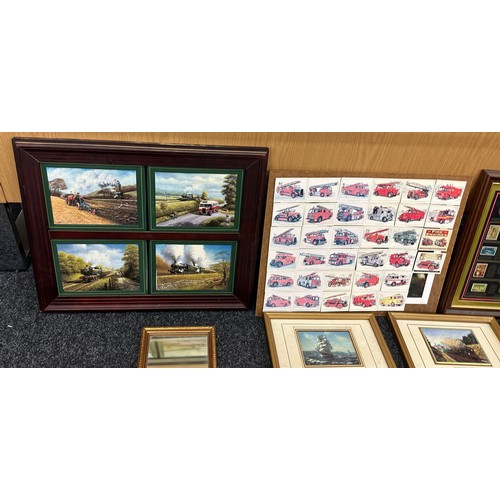 89 - Selection of framed items to include four Davenport limited collectors plates, The Golden Age of Ste... 