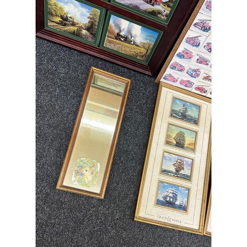 89 - Selection of framed items to include four Davenport limited collectors plates, The Golden Age of Ste... 