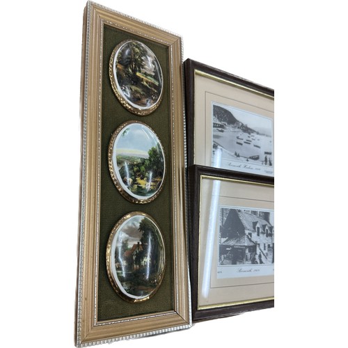 56 - Selection of assorted pictures and prints includes framed pot lids largest measures approximately 13... 