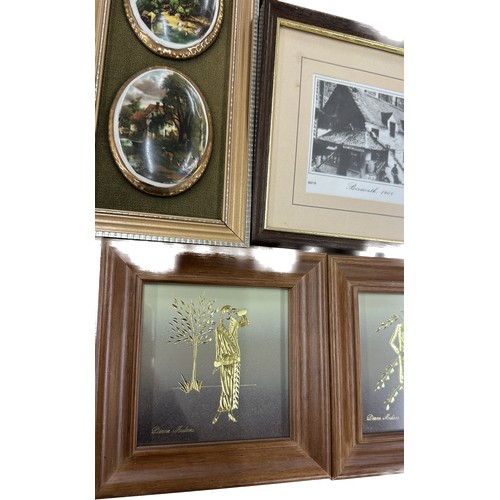 56 - Selection of assorted pictures and prints includes framed pot lids largest measures approximately 13... 