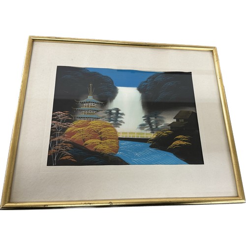 66 - Oriental hand painting on rice paper, frame measures approximately 17 inches by 14 inches