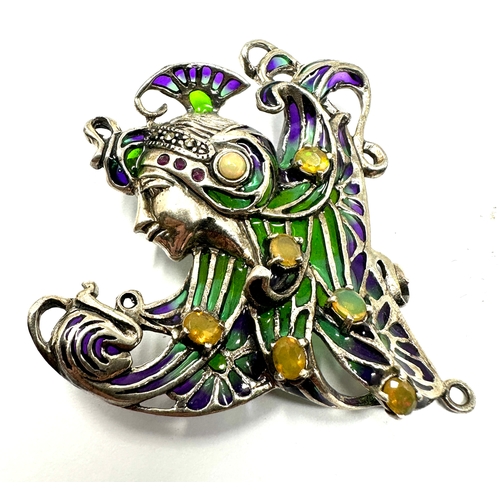 203 - 925 Sterling Silver Plique-à-jour Enamelled opal set Brooch / Pendant measures approx 5.5cm drop by ... 