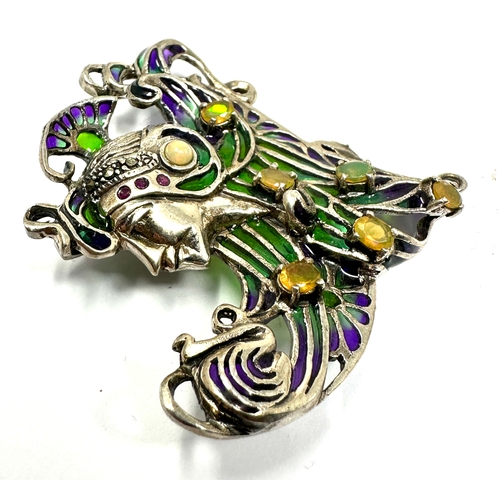 203 - 925 Sterling Silver Plique-à-jour Enamelled opal set Brooch / Pendant measures approx 5.5cm drop by ... 
