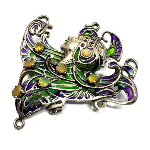 203 - 925 Sterling Silver Plique-à-jour Enamelled opal set Brooch / Pendant measures approx 5.5cm drop by ... 