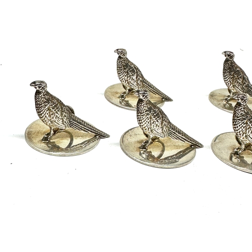 60 - 6 Vintage silver pheasant menu holders Sheffield silver hallmarks makers C.C