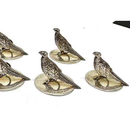 60 - 6 Vintage silver pheasant menu holders Sheffield silver hallmarks makers C.C