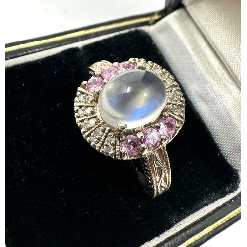 490 - 14ct white gold moonstone pink & white sapphire ring weight 5.2g