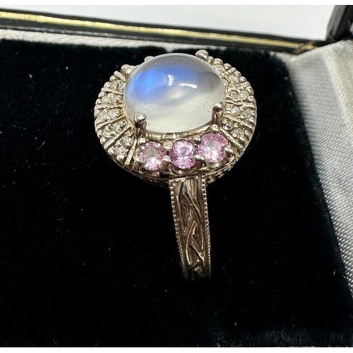 490 - 14ct white gold moonstone pink & white sapphire ring weight 5.2g