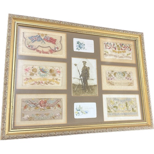 34 - Framed First World War sweet heart silks measures approximately 18 inches wide by 12 tall