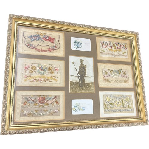 34 - Framed First World War sweet heart silks measures approximately 18 inches wide by 12 tall