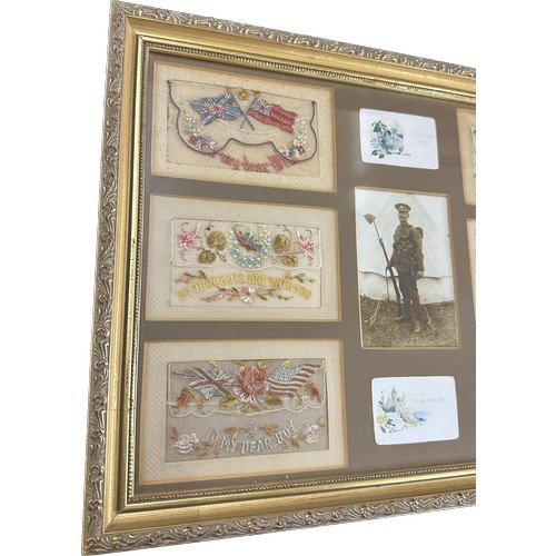 34 - Framed First World War sweet heart silks measures approximately 18 inches wide by 12 tall