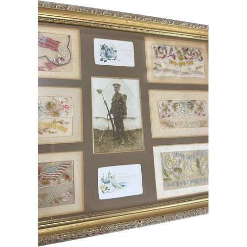 34 - Framed First World War sweet heart silks measures approximately 18 inches wide by 12 tall