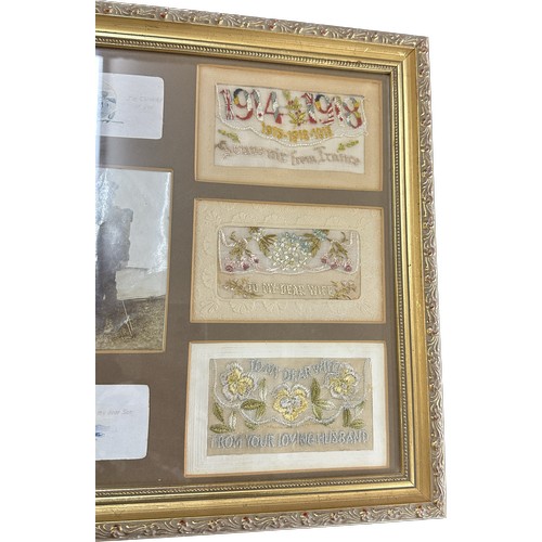 34 - Framed First World War sweet heart silks measures approximately 18 inches wide by 12 tall