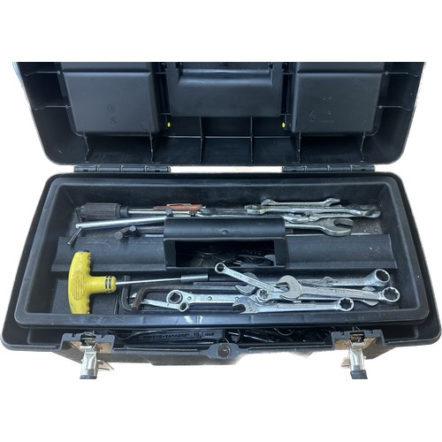 139 - Stanley tool box with assorted imperial, Whitworth and metric spanners to include King Dick etc