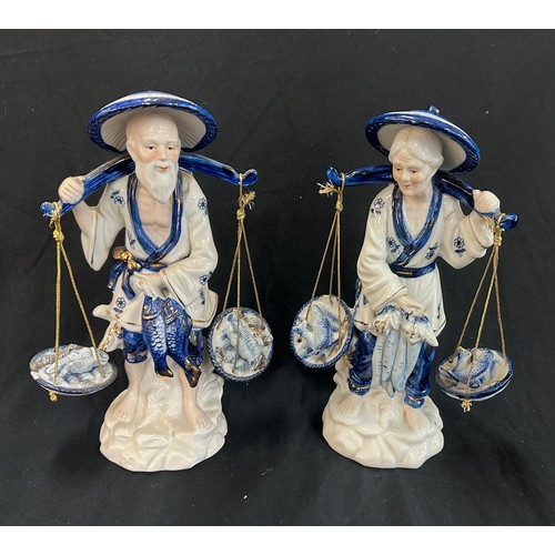 29 - Pair of Chinese blue and white hand painted fisherman farmers figurines overall height approximately... 