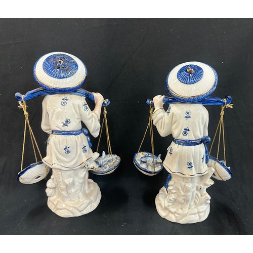 29 - Pair of Chinese blue and white hand painted fisherman farmers figurines overall height approximately... 