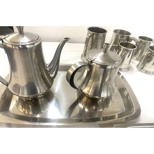 148 - Selection of stainless steel, pewter items to include coffee pot, tea pot, trays, gravy boat, tankar... 