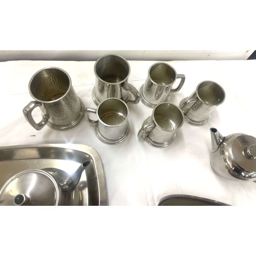 148 - Selection of stainless steel, pewter items to include coffee pot, tea pot, trays, gravy boat, tankar... 