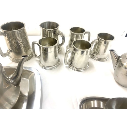 148 - Selection of stainless steel, pewter items to include coffee pot, tea pot, trays, gravy boat, tankar... 