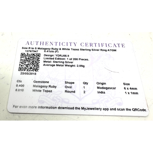 213 - Gemporia Malagasy Ruby Ring with White Topaz in Sterling Silver 0.41ct with c.o.a